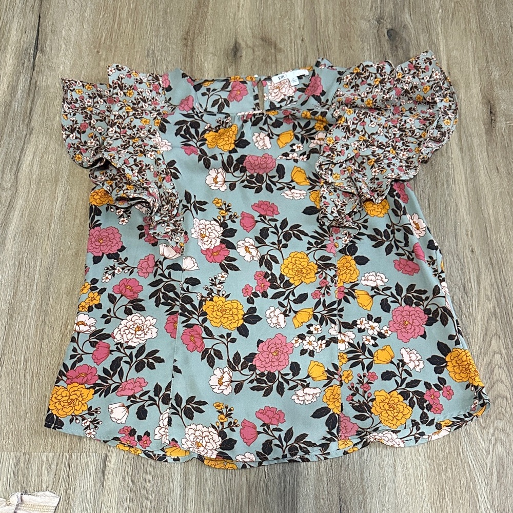 DR2 Floral Blouse with Ruffle Sleeves - Blue, Yellow, Pink
